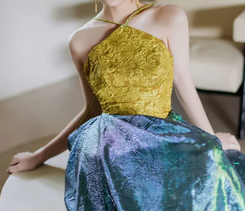 Vintage Halter Neck Yellow & Green Prom Dress Jacquard A-Line Evening Dress C8938
