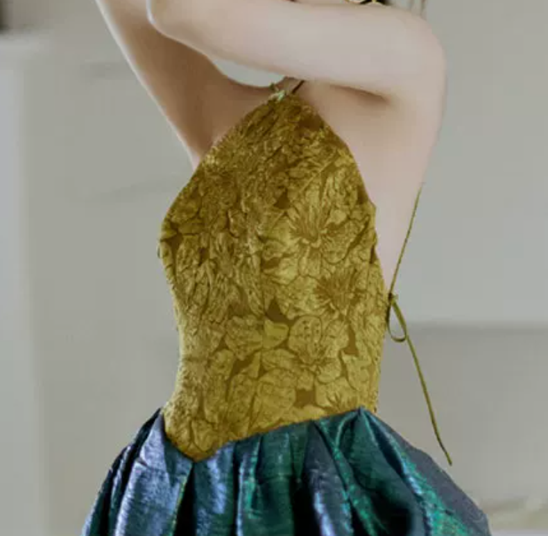 Vintage Halter Neck Yellow & Green Prom Dress Jacquard A-Line Evening Dress C8938