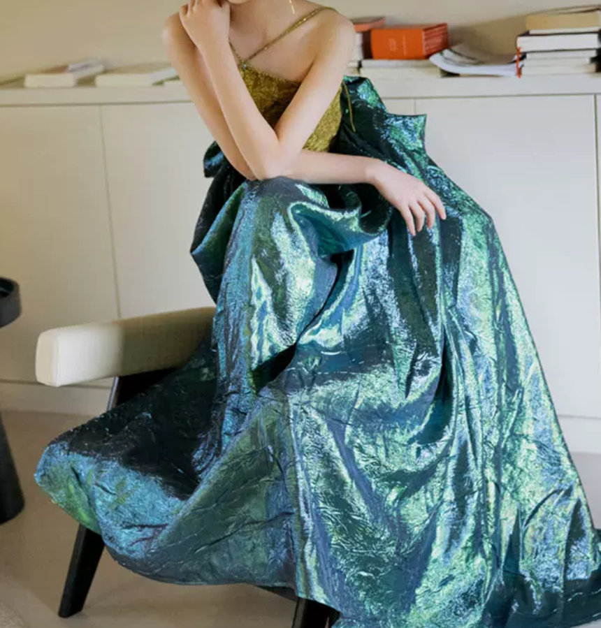 Vintage Halter Neck Yellow & Green Prom Dress Jacquard A-Line Evening Dress C8938