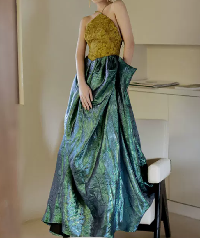 Vintage Halter Neck Yellow & Green Prom Dress Jacquard A-Line Evening Dress C8938