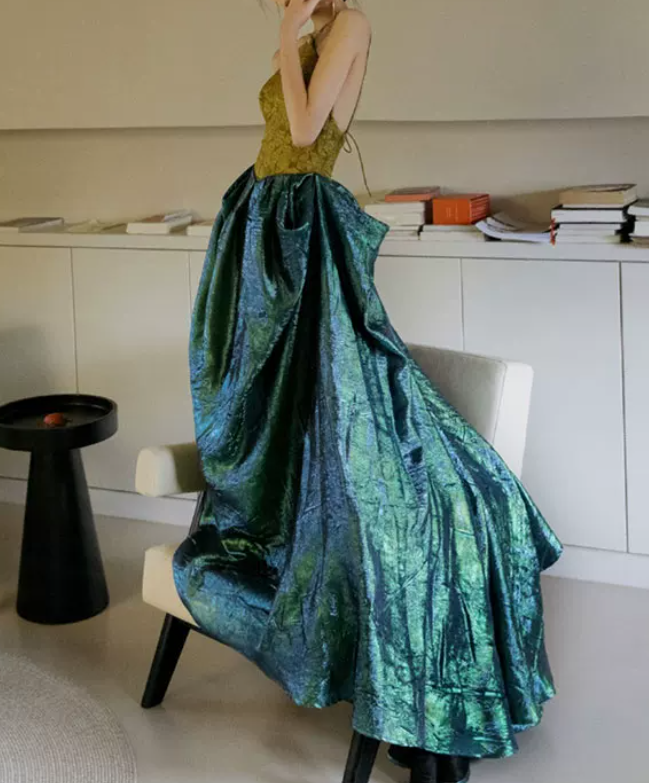Vintage Halter Neck Yellow & Green Prom Dress Jacquard A-Line Evening Dress C8938