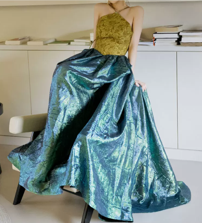 Vintage Halter Neck Yellow & Green Prom Dress Jacquard A-Line Evening Dress C8938