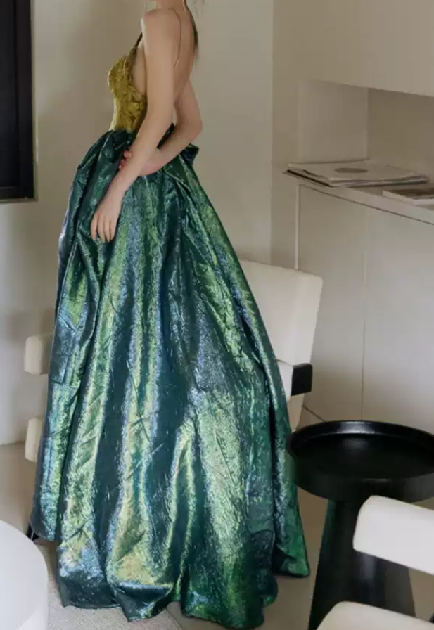 Vintage Halter Neck Yellow & Green Prom Dress Jacquard A-Line Evening Dress C8938