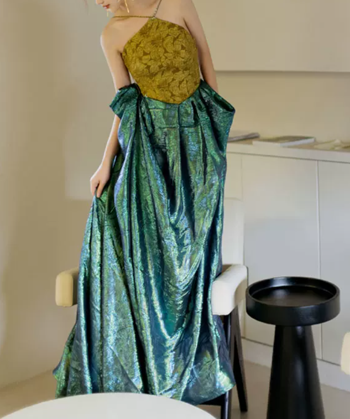 Vintage Halter Neck Yellow & Green Prom Dress Jacquard A-Line Evening Dress C8938