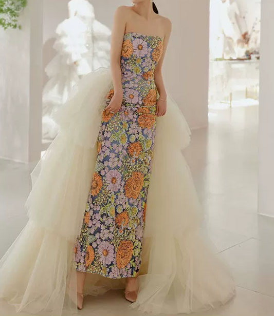 Robe de bal de princesse bustier à volants en satin long, robe de soirée C8117