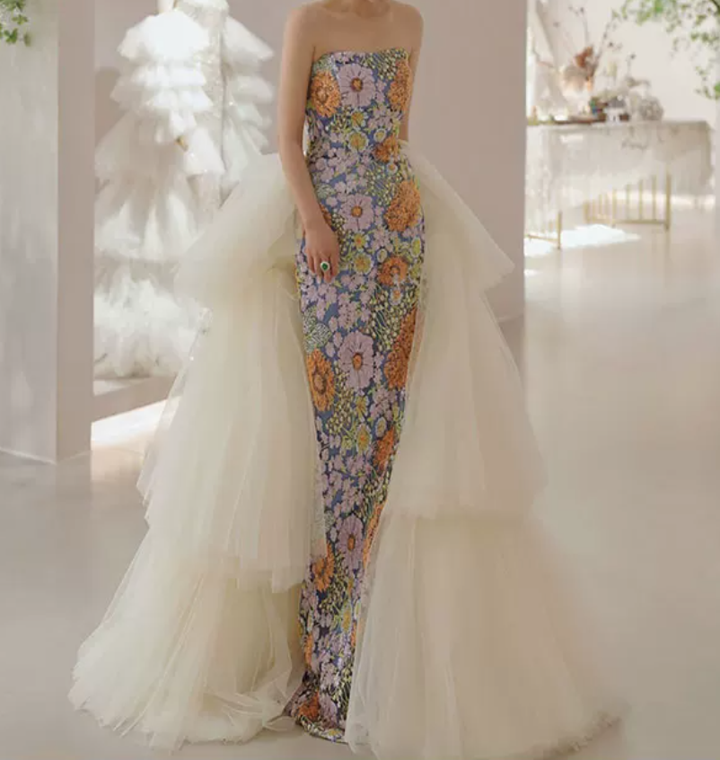 Robe de bal de princesse bustier à volants en satin long, robe de soirée C8117