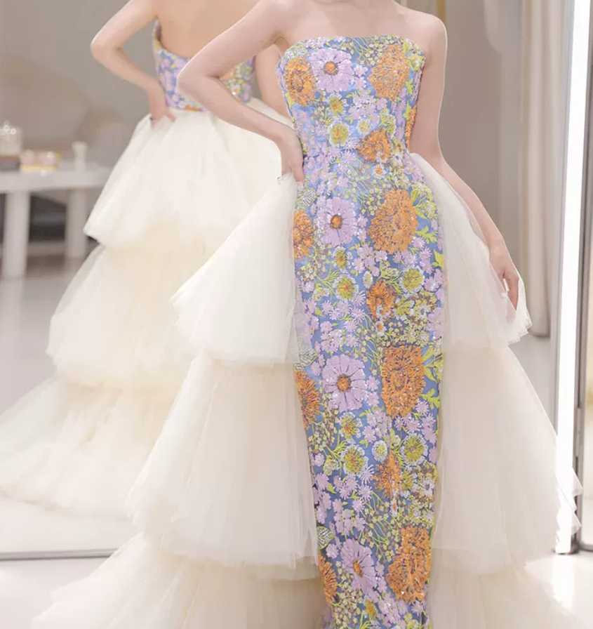 Robe de bal de princesse bustier à volants en satin long, robe de soirée C8117