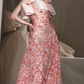 Sweet Strapless Pink Prom Dress Sequins Floral A-Line Evening Dress C8940