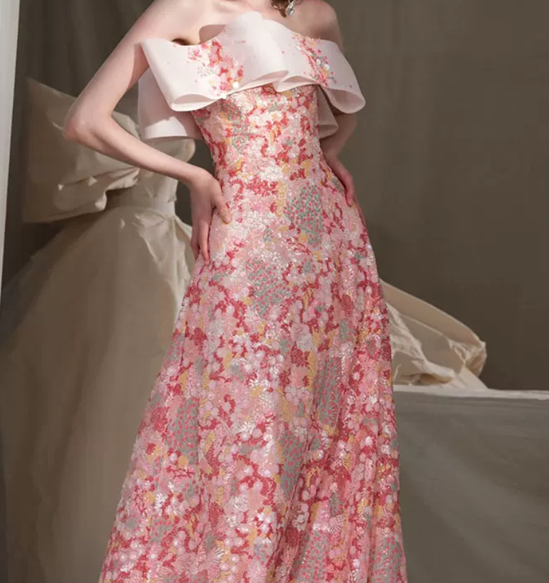 Sweet Strapless Pink Prom Dress Sequins Floral A-Line Evening Dress C8940