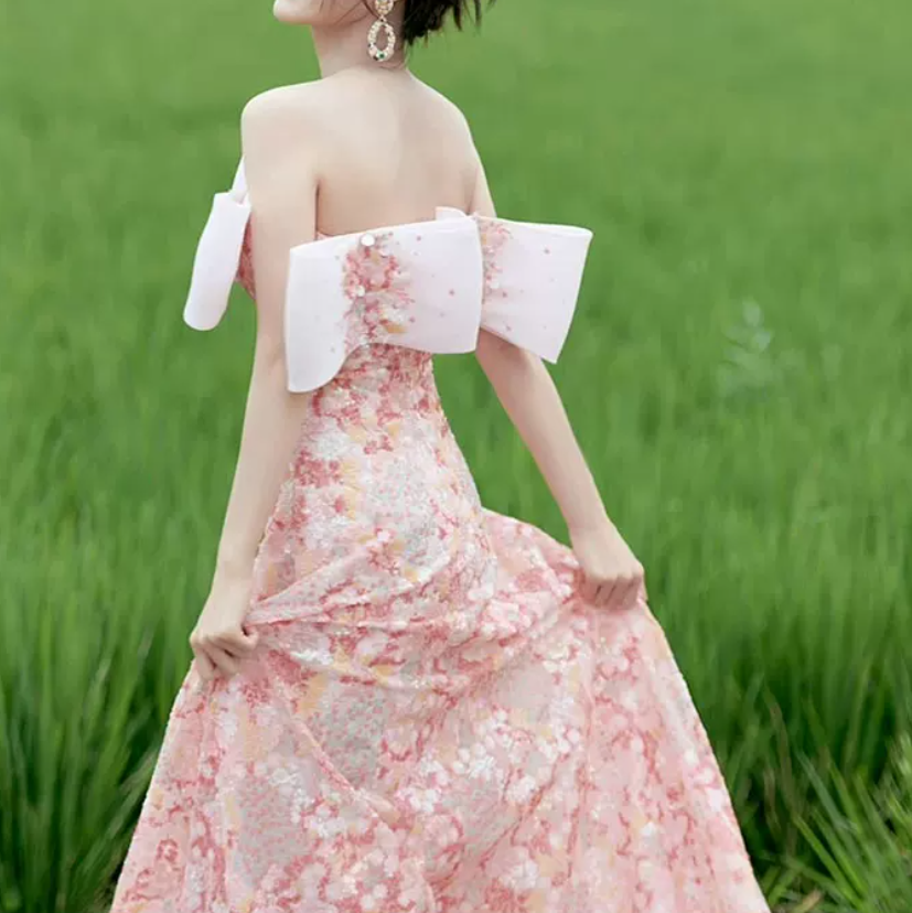 Sweet Strapless Pink Prom Dress Sequins Floral A-Line Evening Dress C8940