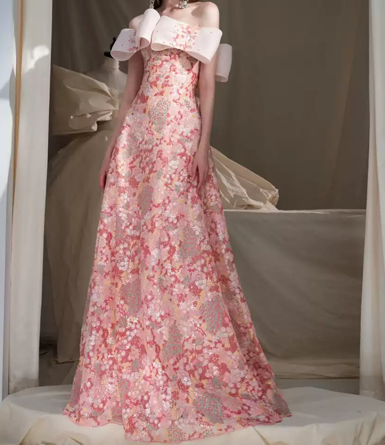 Sweet Strapless Pink Prom Dress Sequins Floral A-Line Evening Dress C8940