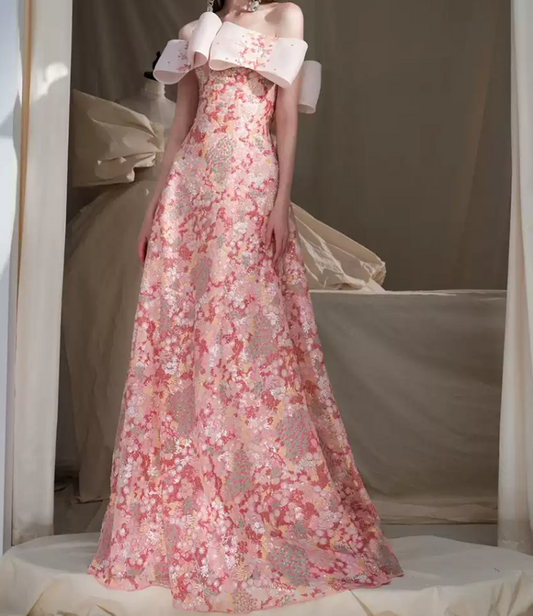 Sweet Strapless Pink Prom Dress Sequins Floral A-Line Evening Dress C8940