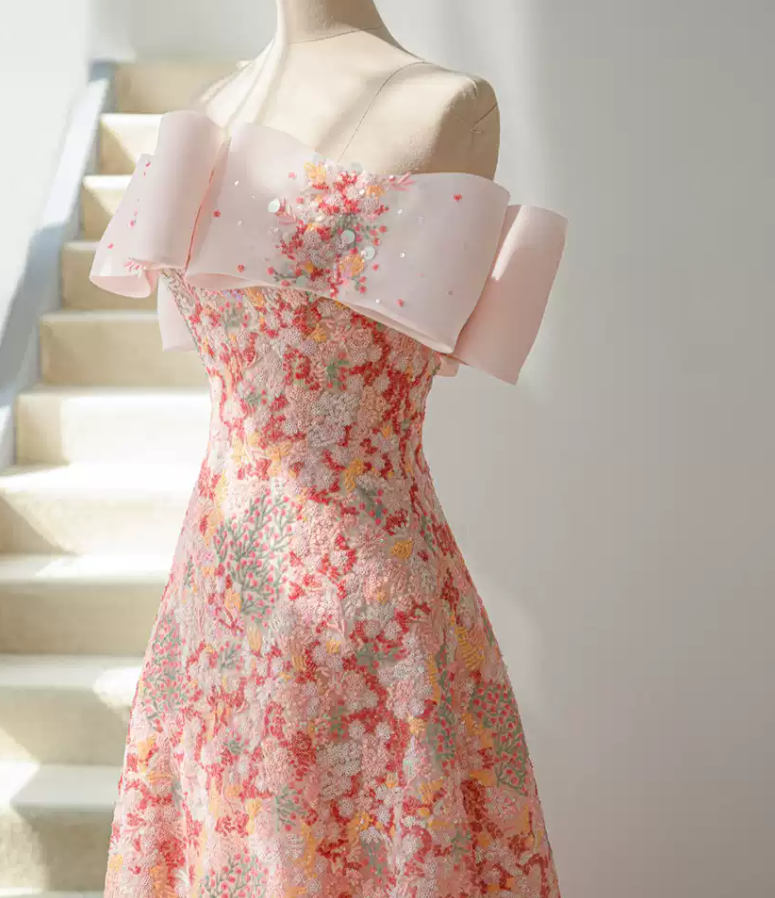 Sweet Strapless Pink Prom Dress Sequins Floral A-Line Evening Dress C8940