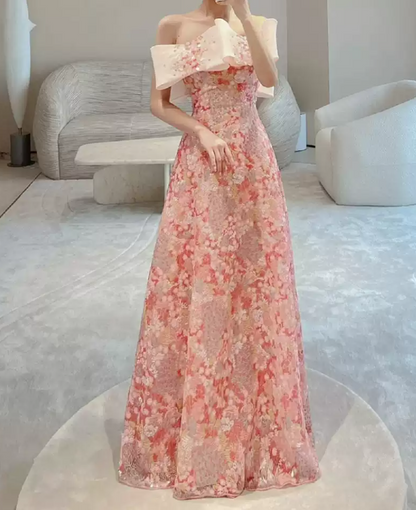 Sweet Strapless Pink Prom Dress Sequins Floral A-Line Evening Dress C8940