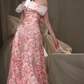 Sweet Strapless Pink Prom Dress Sequins Floral A-Line Evening Dress C8940