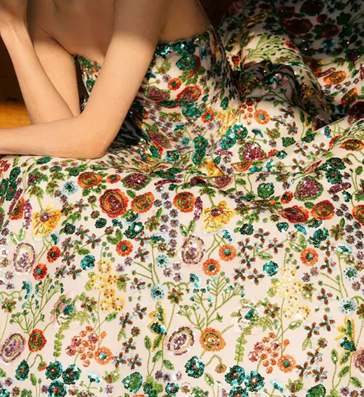 Dreamy Strapless Floral Prom Dress Sequins A-Line Evening Dress C8942