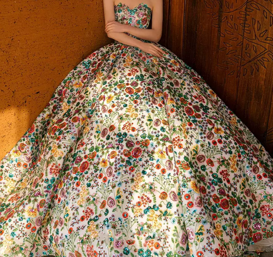 Dreamy Strapless Floral Prom Dress Sequins A-Line Evening Dress C8942