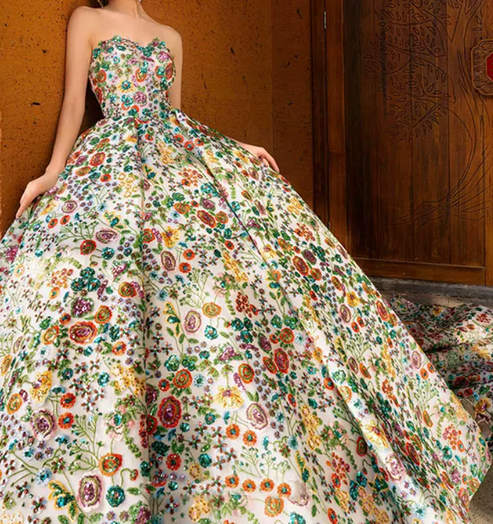 Dreamy Strapless Floral Prom Dress Sequins A-Line Evening Dress C8942