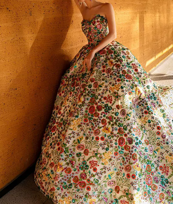 Dreamy Strapless Floral Prom Dress Sequins A-Line Evening Dress C8942