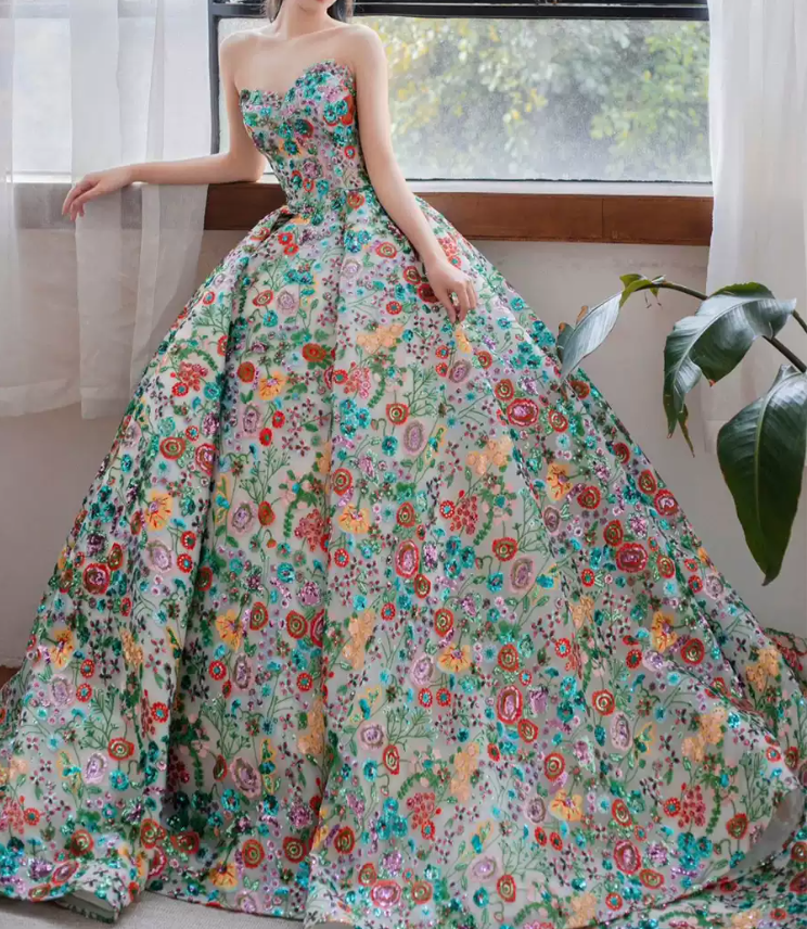 Dreamy Strapless Floral Prom Dress Sequins A-Line Evening Dress C8942