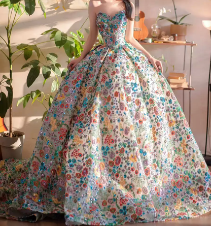Dreamy Strapless Floral Prom Dress Sequins A-Line Evening Dress C8942