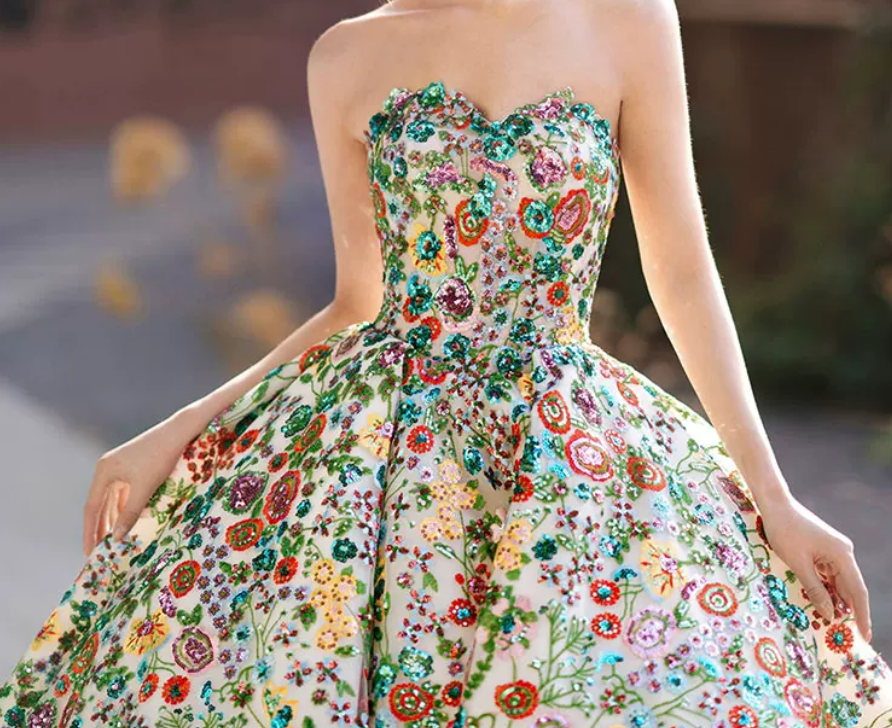 Dreamy Strapless Floral Prom Dress Sequins A-Line Evening Dress C8942