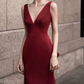 Sexy V Neck Red Prom Dress Bow Backless Mermaid Evening Dress C8943