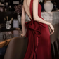 Sexy V Neck Red Prom Dress Bow Backless Mermaid Evening Dress C8943