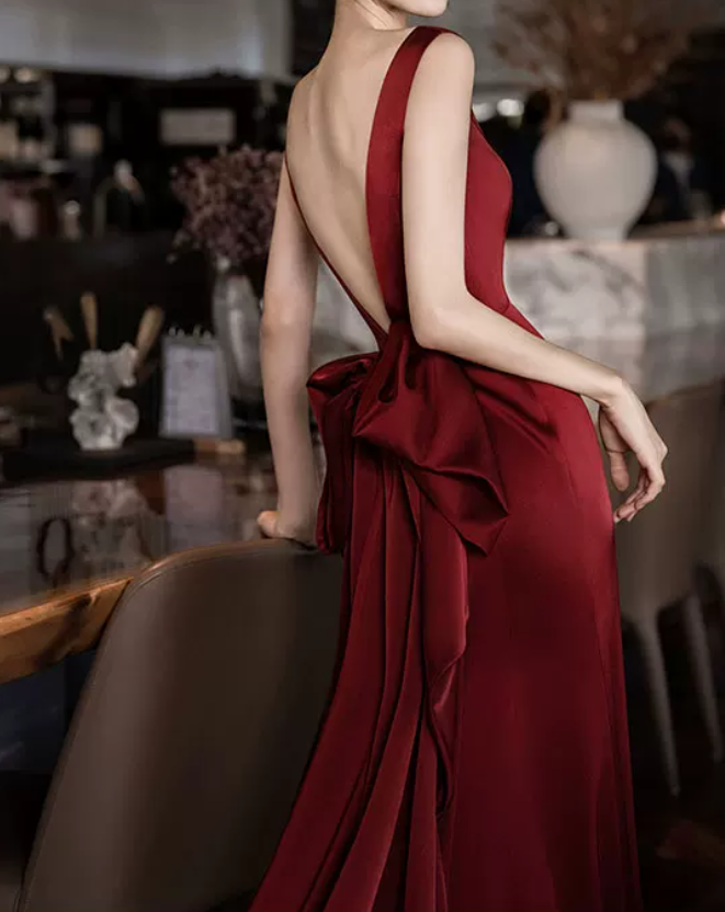 Sexy V Neck Red Prom Dress Bow Backless Mermaid Evening Dress C8943