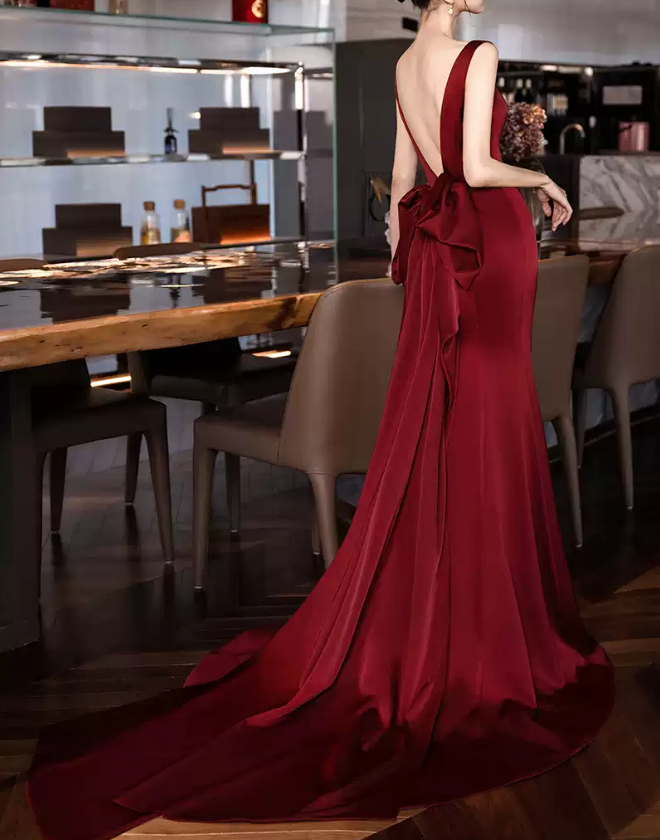 Sexy V Neck Red Prom Dress Bow Backless Mermaid Evening Dress C8943