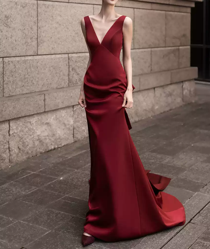 Sexy V Neck Red Prom Dress Bow Backless Mermaid Evening Dress C8943