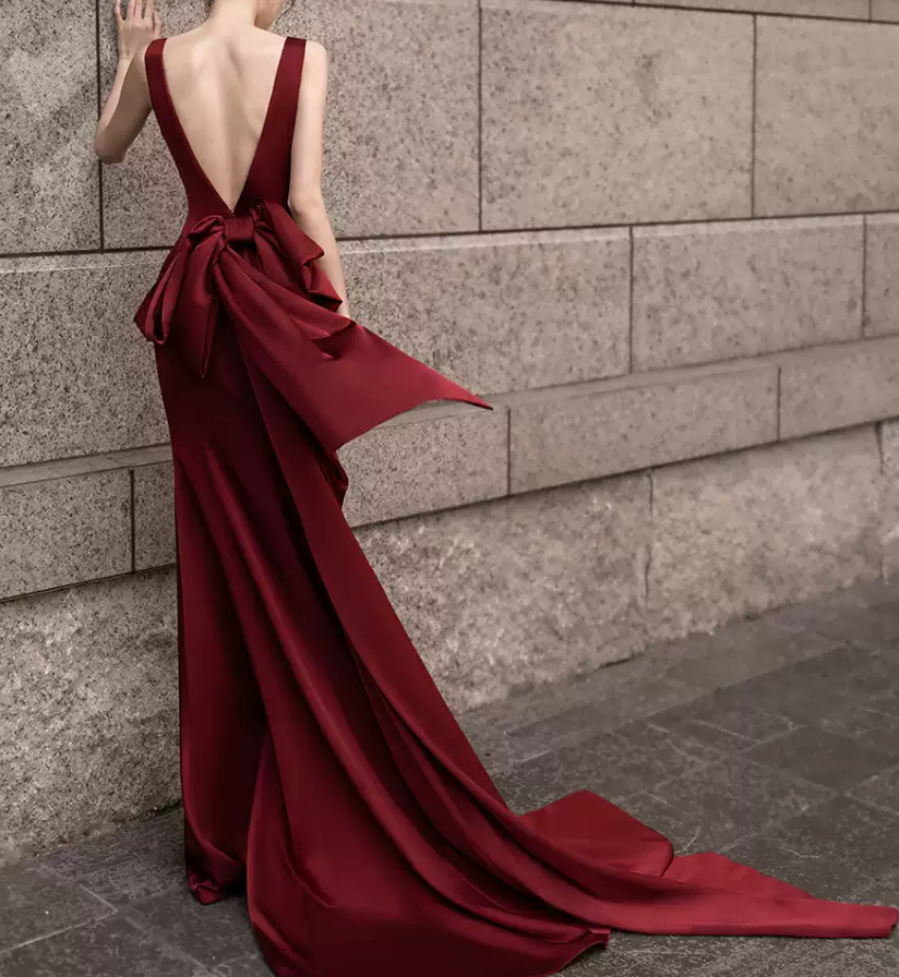 Sexy V Neck Red Prom Dress Bow Backless Mermaid Evening Dress C8943