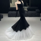 Vintage Strapless Black Prom Dress Velvet Tulle Mermaid Evening Dress C8946