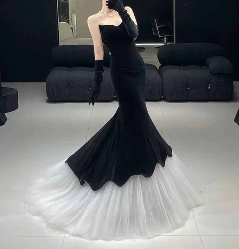 Vintage Strapless Black Prom Dress Velvet Tulle Mermaid Evening Dress C8946