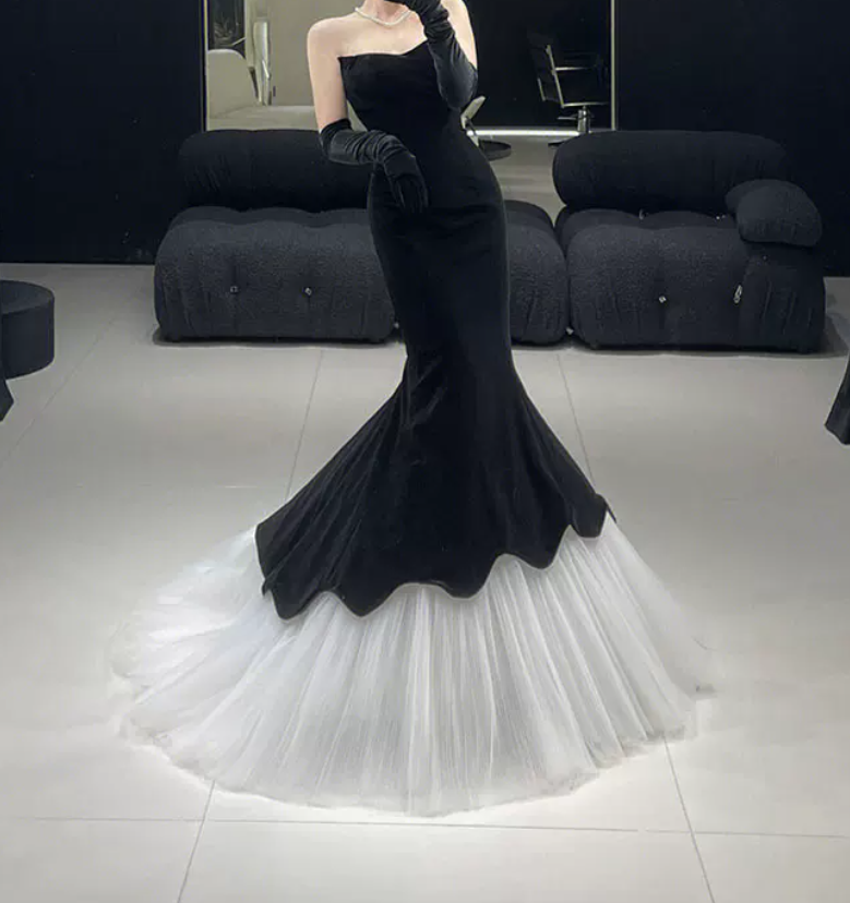 Vintage Strapless Black Prom Dress Velvet Tulle Mermaid Evening Dress C8946