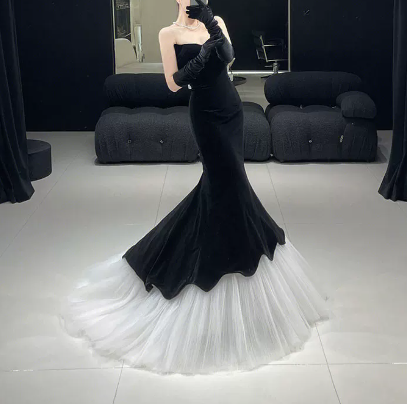Vintage Strapless Black Prom Dress Velvet Tulle Mermaid Evening Dress C8946