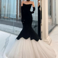 Vintage Strapless Black Prom Dress Velvet Tulle Mermaid Evening Dress C8946