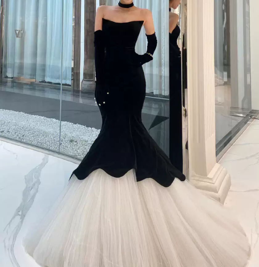 Vintage Strapless Black Prom Dress Velvet Tulle Mermaid Evening Dress C8946
