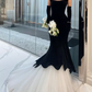 Vintage Strapless Black Prom Dress Velvet Tulle Mermaid Evening Dress C8946