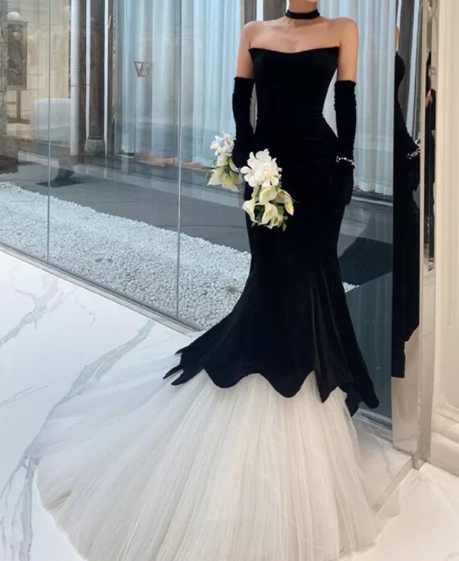 Vintage Strapless Black Prom Dress Velvet Tulle Mermaid Evening Dress C8946