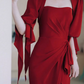 Sexy Square Neck Red Prom Dress Short Sleeve Slit Sheath Evening Dress C8948