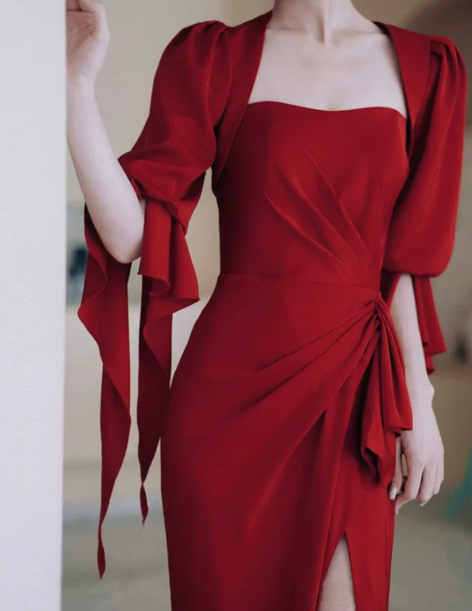 Sexy Square Neck Red Prom Dress Short Sleeve Slit Sheath Evening Dress C8948