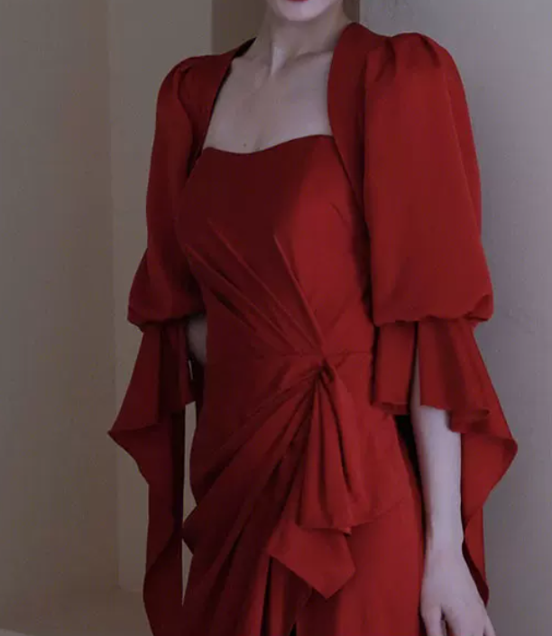 Sexy Square Neck Red Prom Dress Short Sleeve Slit Sheath Evening Dress C8948