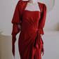 Sexy Square Neck Red Prom Dress Short Sleeve Slit Sheath Evening Dress C8948