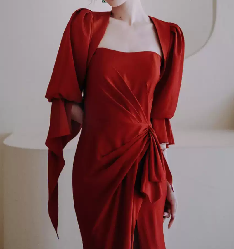 Sexy Square Neck Red Prom Dress Short Sleeve Slit Sheath Evening Dress C8948