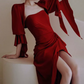 Sexy Square Neck Red Prom Dress Short Sleeve Slit Sheath Evening Dress C8948