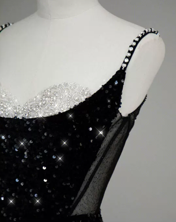 Glittering Spaghetti Straps Black Prom Dress Beaded Sequins Slit Mermaid Evening Dress C8949