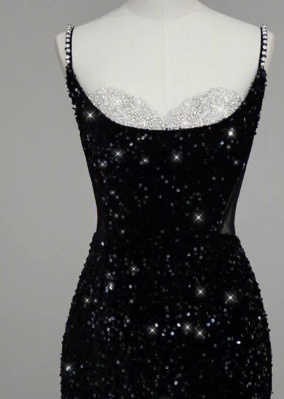 Glittering Spaghetti Straps Black Prom Dress Beaded Sequins Slit Mermaid Evening Dress C8949