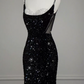 Glittering Spaghetti Straps Black Prom Dress Beaded Sequins Slit Mermaid Evening Dress C8949