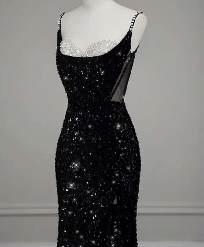 Glittering Spaghetti Straps Black Prom Dress Beaded Sequins Slit Mermaid Evening Dress C8949